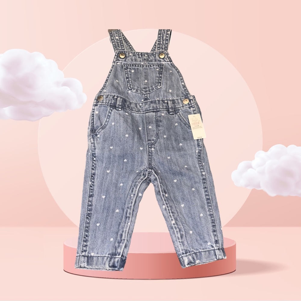 Old Navy Girl Denim Overalls with Hearts 12-18m NWT